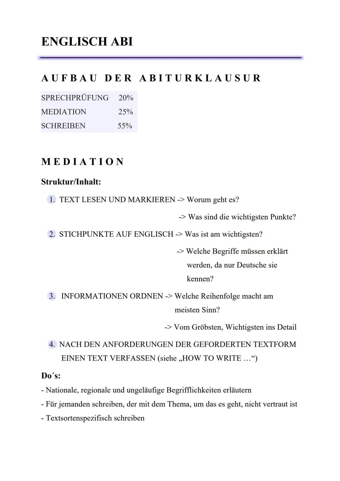 ENGLISCH ABI
AUFBAU DER ABITURKLAUSUR
SPRECHPRÜFUNG 20%
25%
55%
MEDIATION
SCHREIBEN
MEDIATION
Struktur/Inhalt:
1. TEXT LESEN UND MARKIEREN -