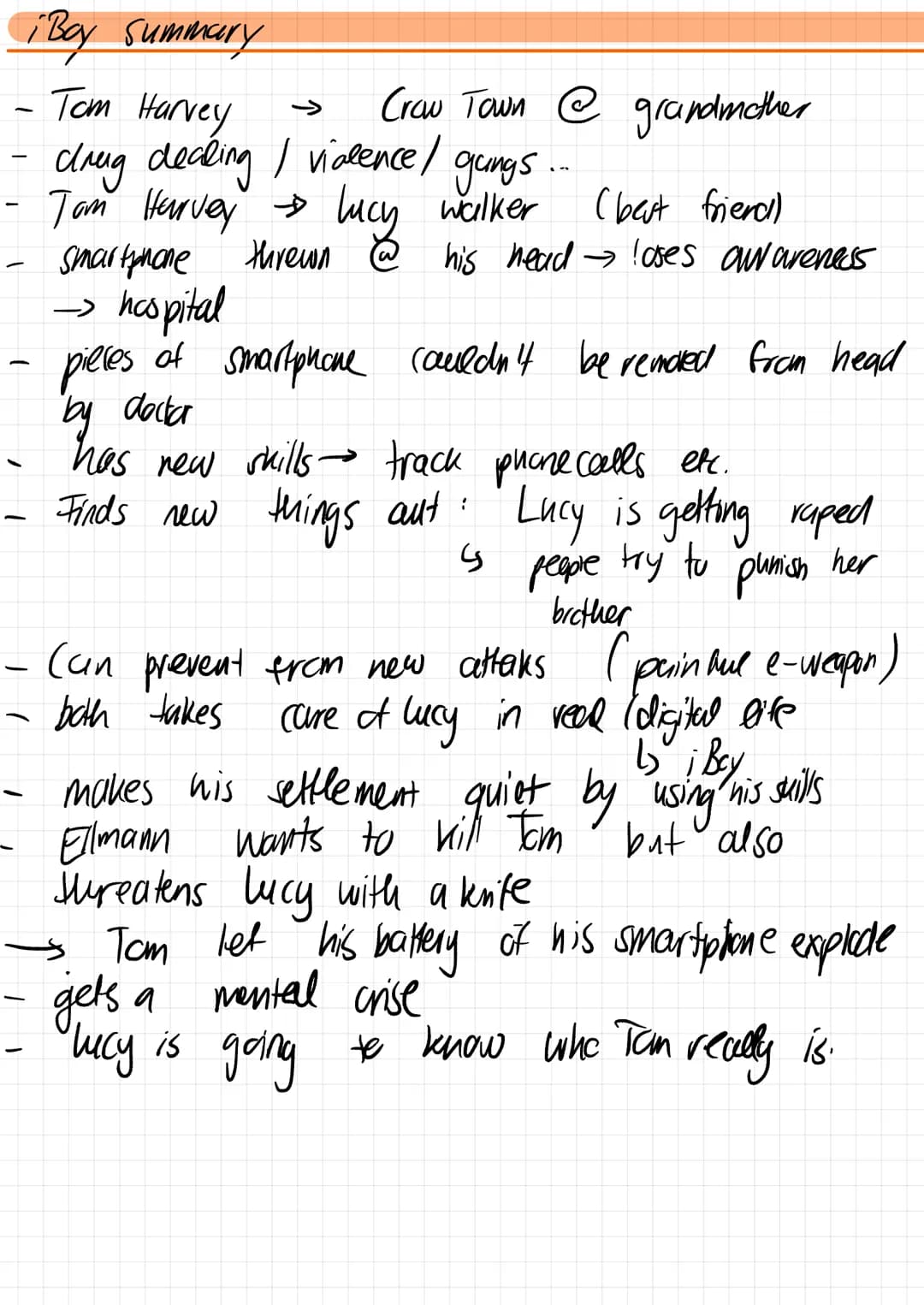 -
iBoy Summary
Tom Harvey
drug dealing / violence / gangs...
Tom Harvey & Lucy walker
Smartphone
-
-
→ hospital
Craw Town @ grandmother
(bes