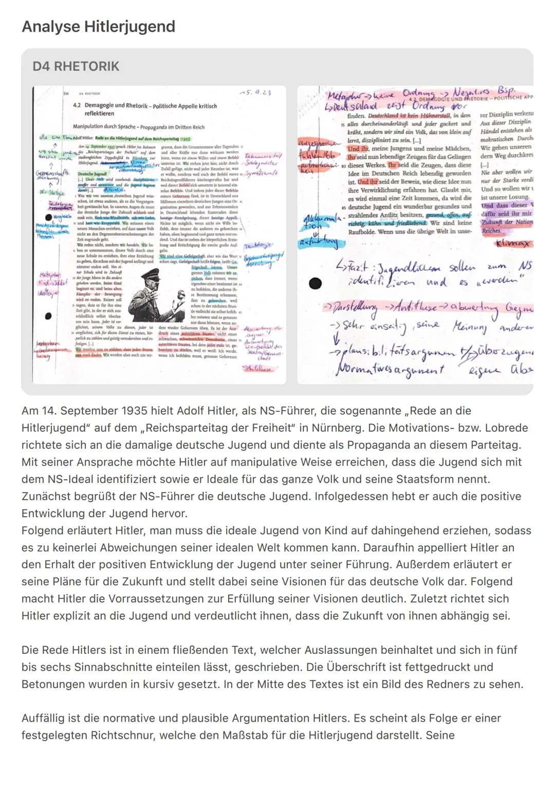 Analyse Hitlerjugend
D4 RHETORIK
314
Manipulation durch Sprache-Propaganda im Dritten Reich
alle Cine Ebome Adolf Hitler: Rede an die Hitler