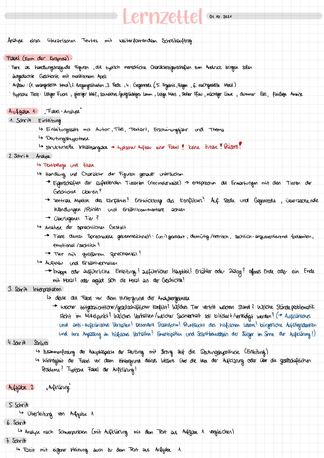 Analyse eines
Aufgabe 1: Fabel - Analyse"
1. Schritt Einleitung
2. Schrit
4. Schritt
literarischen Textes
Fabel (Form der Kurzprosa).
Tiere 
