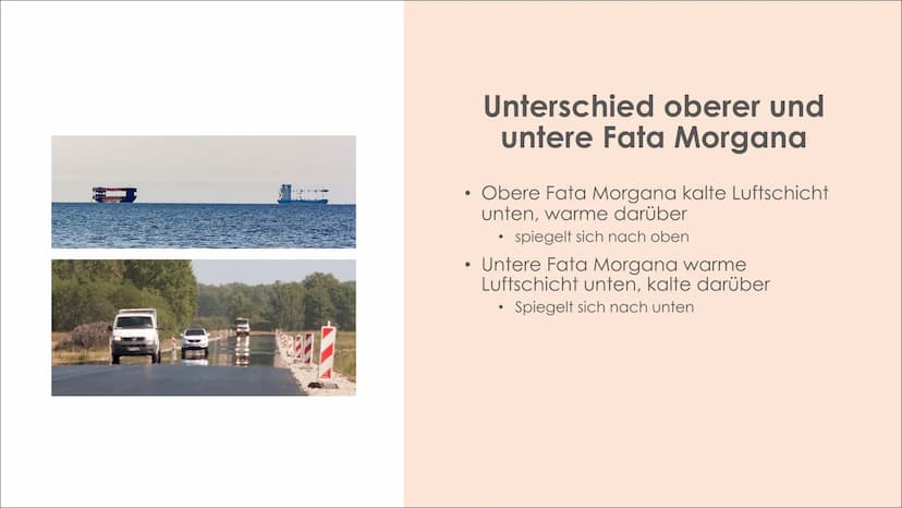 Fata Morgana
Johanna Ritter ●
●
Aufbau der
Präsentation
●
Was ist eine Fata Morgana?
Entstehung und physikalischer
Aspekt
• Obere und untere