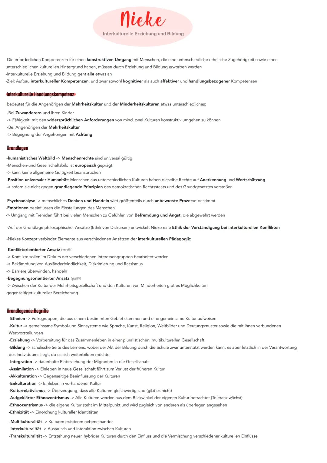 Nicke
Interkulturelle Erziehung und Bildung
-Die erforderlichen Kompetenzen für einen konstruktiven Umgang mit Menschen, die eine unterschie