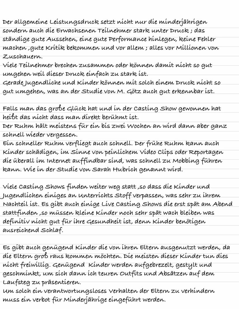 Argumentation
S.42/2b)
Obwohl viele Wissenschaftler der Ansicht sind, dass ein gesetzliches Verbot
für Kinder und Jugendliche bei Castingsho
