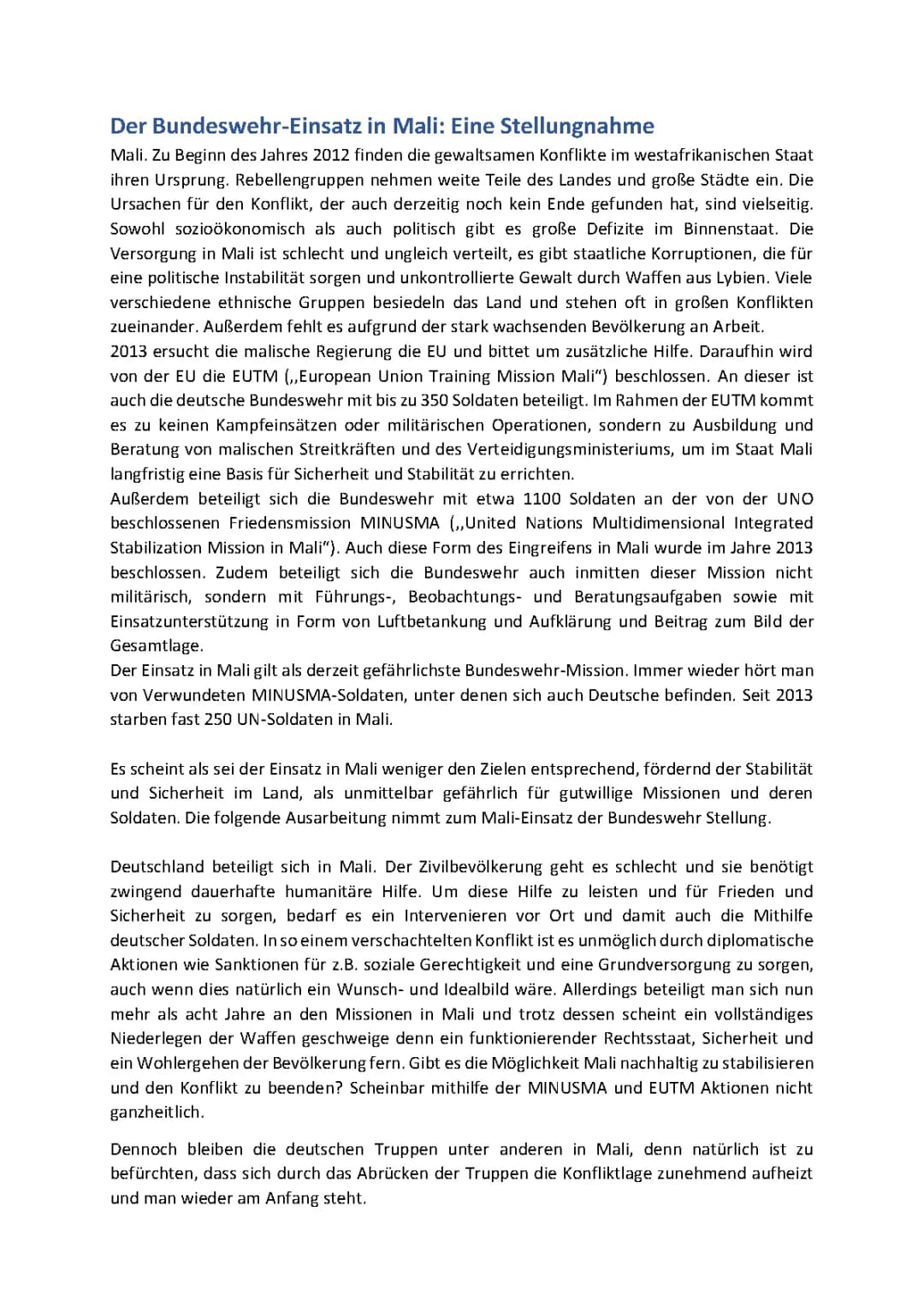Beurteilung zum Bundeswehreinsatz in Mali 