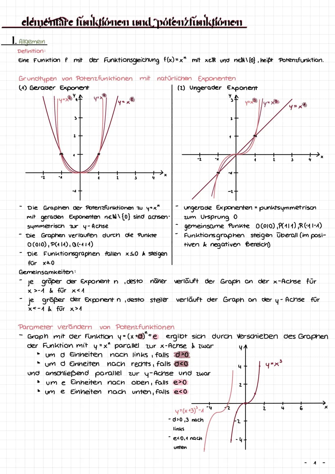 eléméntare funktionen und pótenzfunktionen
1. Allgemein
Definition:
Eine Funktion f mit der Funktionsgleichung f(x)=x" mit xERR und neN\ {0}