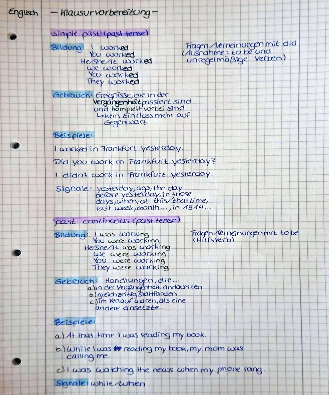 Englisch
- Klausurvorbereitung-

Simple present (present tense)
Bildung: I work
You work
He She it works.
We work
You work
They work
Fragen 