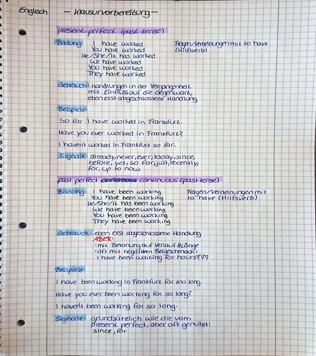 Englisch
- Klausurvorbereitung-

Simple present (present tense)
Bildung: I work
You work
He She it works.
We work
You work
They work
Fragen 