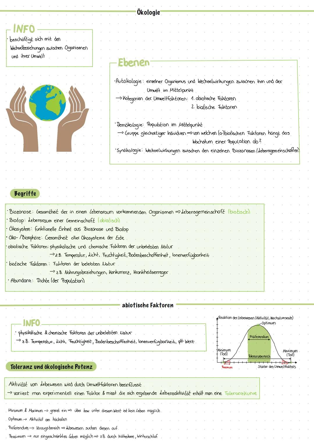 # Ökologie

INFO
- beschäftigt sich mit den
Wechselbeziehungen zwischen Organismen
und ihrer Umwelt

Ebenen

- Autökologie einzelner Organis