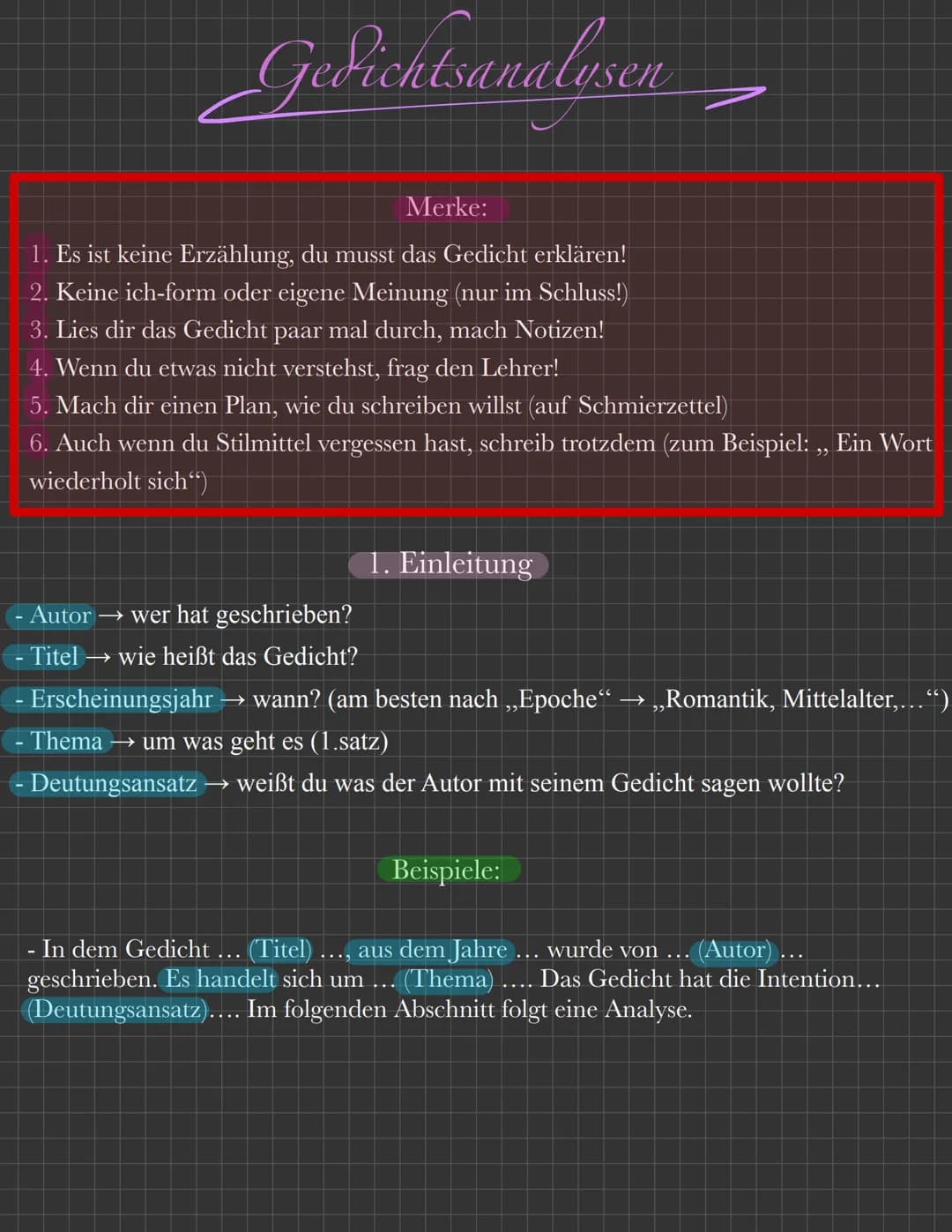 Gedichtsanalysen
Merke:
1. Es ist keine Erzählung, du musst das Gedicht erklären!
2. Keine ich-form oder eigene Meinung (nur im Schluss!)
3.