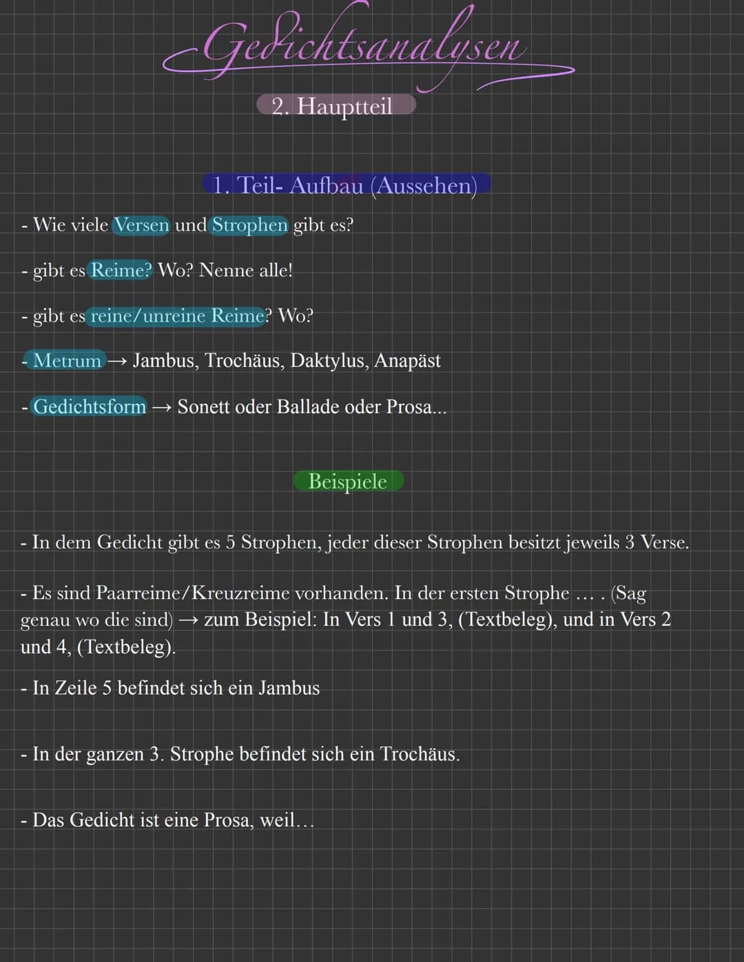 Gedichtsanalysen
Merke:
1. Es ist keine Erzählung, du musst das Gedicht erklären!
2. Keine ich-form oder eigene Meinung (nur im Schluss!)
3.