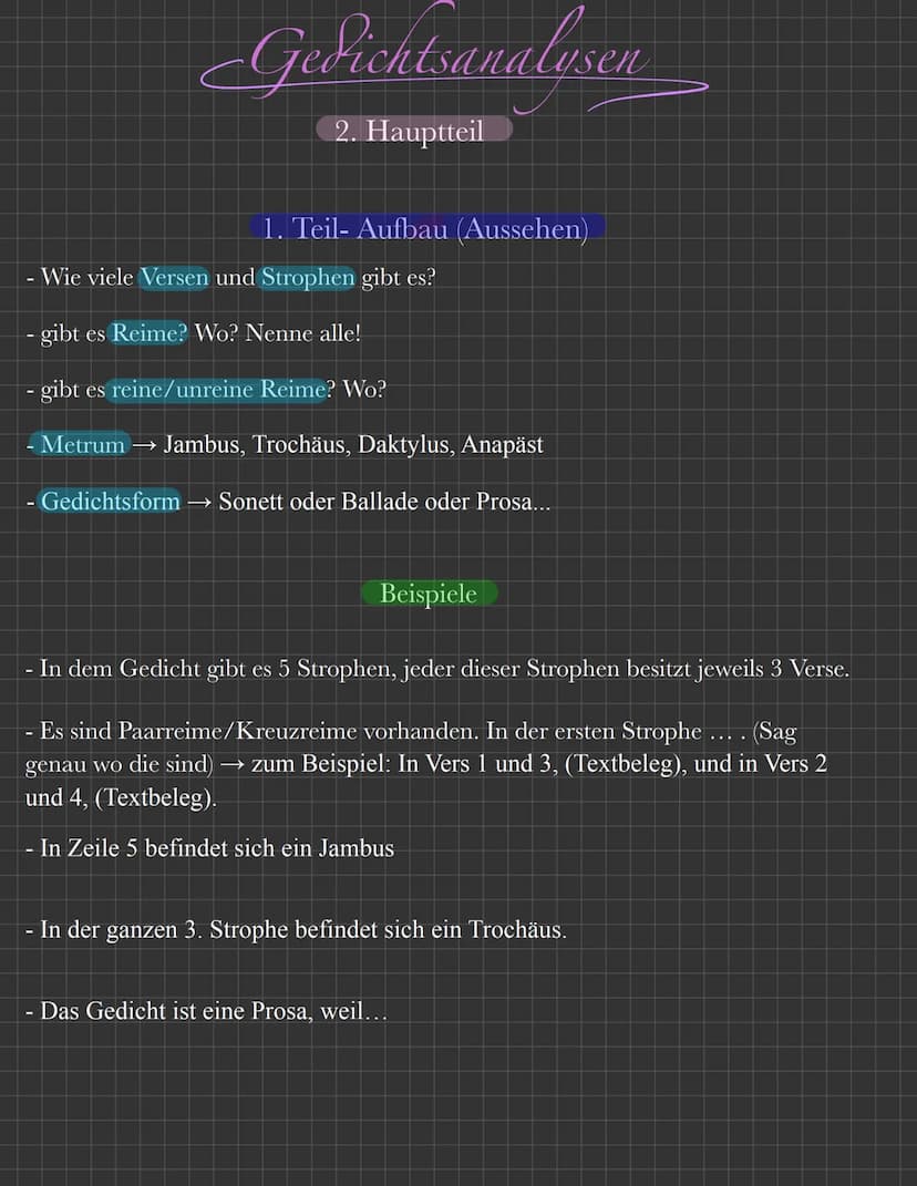 Gedichtsanalysen
Merke:
1. Es ist keine Erzählung, du musst das Gedicht erklären!
2. Keine ich-form oder eigene Meinung (nur im Schluss!)
3.