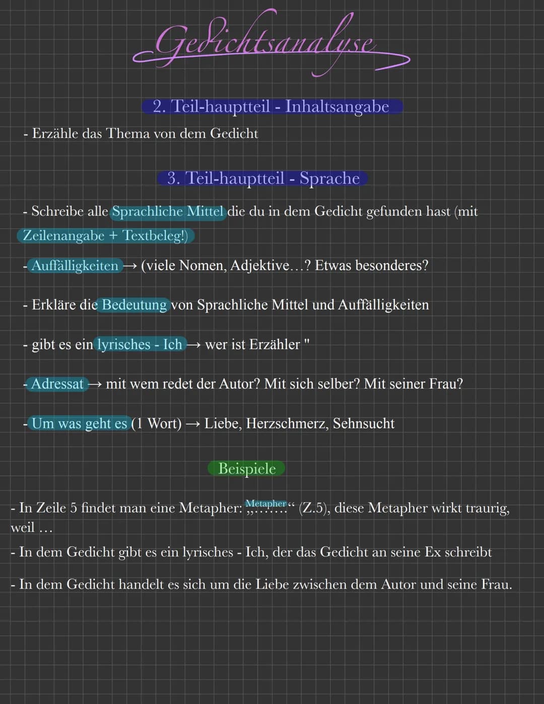 Gedichtsanalysen
Merke:
1. Es ist keine Erzählung, du musst das Gedicht erklären!
2. Keine ich-form oder eigene Meinung (nur im Schluss!)
3.