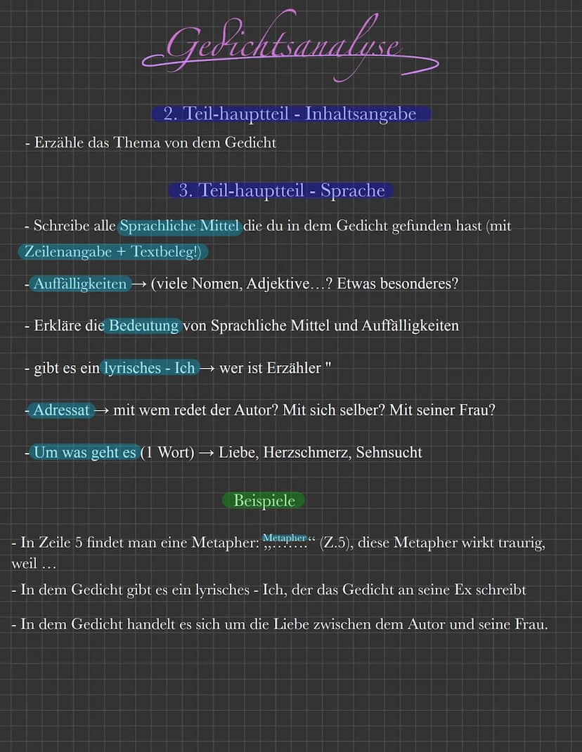 Gedichtsanalysen
Merke:
1. Es ist keine Erzählung, du musst das Gedicht erklären!
2. Keine ich-form oder eigene Meinung (nur im Schluss!)
3.