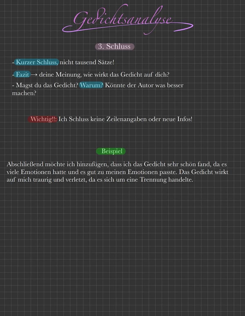Gedichtsanalysen
Merke:
1. Es ist keine Erzählung, du musst das Gedicht erklären!
2. Keine ich-form oder eigene Meinung (nur im Schluss!)
3.