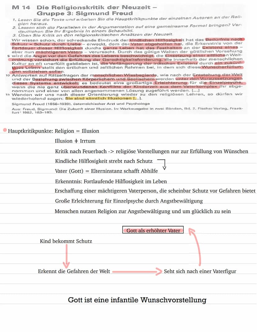 M 14
1
Die Religionskritik der Neuzeit -
Gruppe 3: Sigmund Freud
1. Lesen Sie die Texte und arbeiten Sie die Hauptkritikpunkte der einzelnen