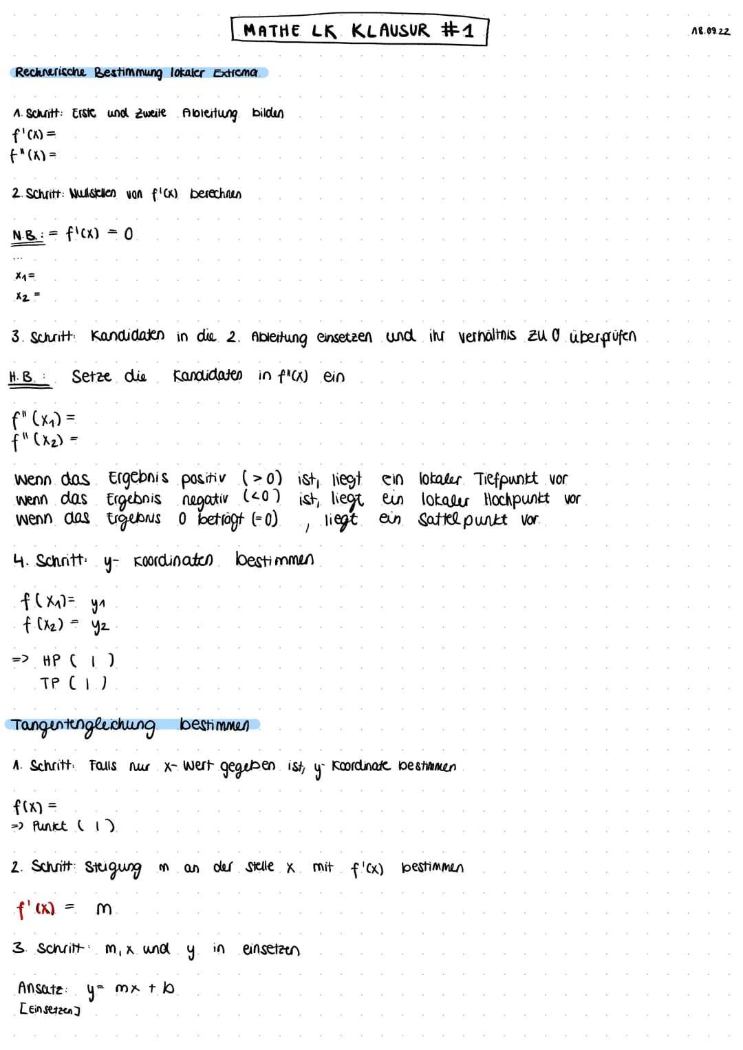 Rechnerische Bestimmung lokaler Extrema
A. Schritt: Erste und Zweite Ableitung bilden
f'(x) =
f"(x) =
2. Schritt: Nullstellen von f'(x) bere