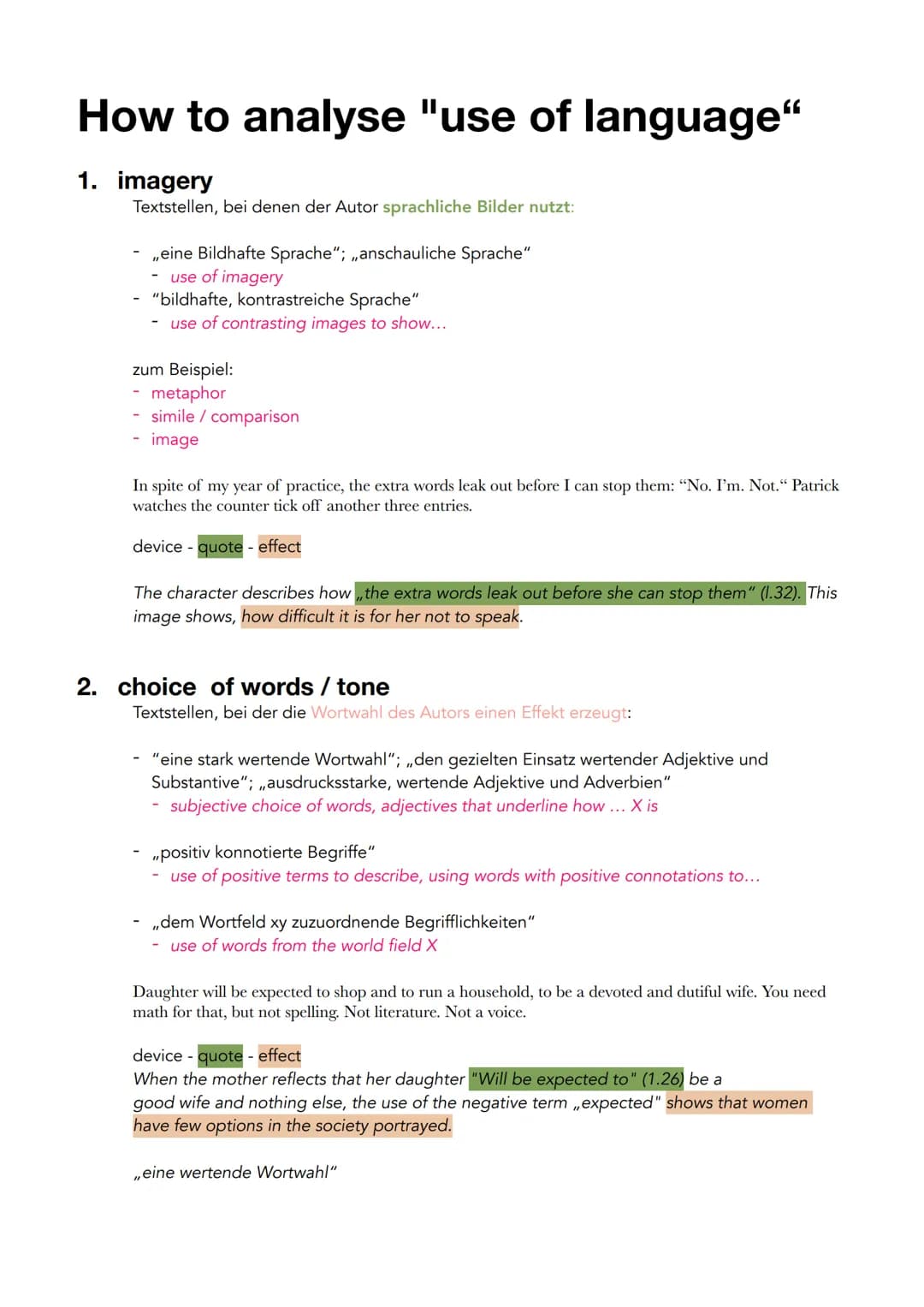 How to analyse "use of language"
1. imagery
Textstellen, bei denen der Autor sprachliche Bilder nutzt:
,,eine Bildhafte Sprache"; ,,anschaul