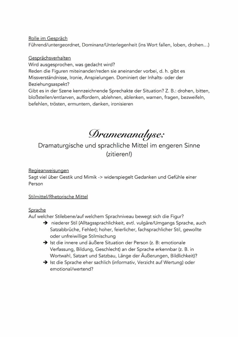 Dramenanalyse:
Dramaturgische Mittel im weiteren Sinne (zitieren!)
Offene/geschlossene Form
Charaktere
Eigenschaften der Figuren in einen zu
