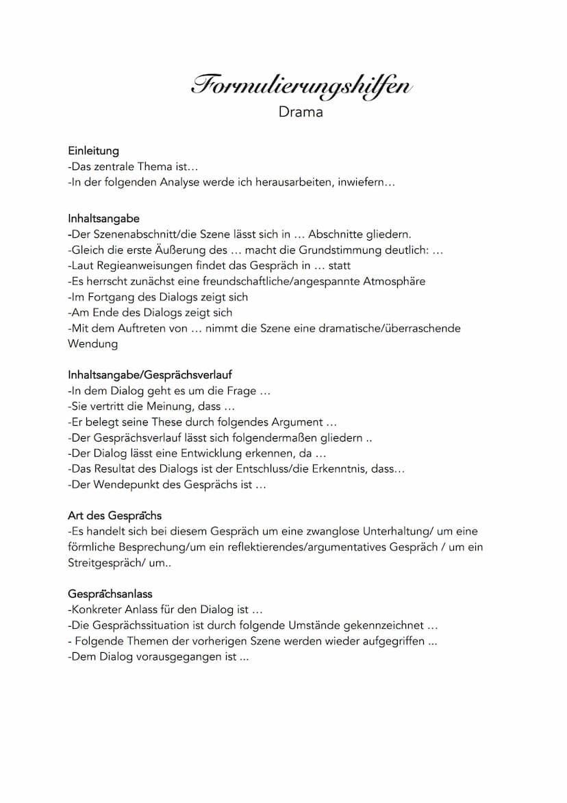 Dramenanalyse:
Dramaturgische Mittel im weiteren Sinne (zitieren!)
Offene/geschlossene Form
Charaktere
Eigenschaften der Figuren in einen zu