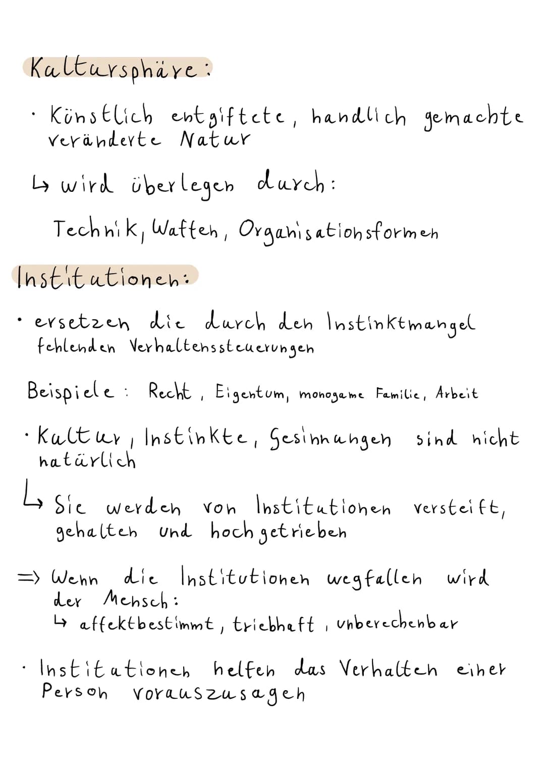 Arnold Gehlen:
Hauptthese: Kultur als Kompensation der
Unzulänglichen menschlichen Natur
.
.
Klausur
Mensch ist organisch Mittellos, ohne
na