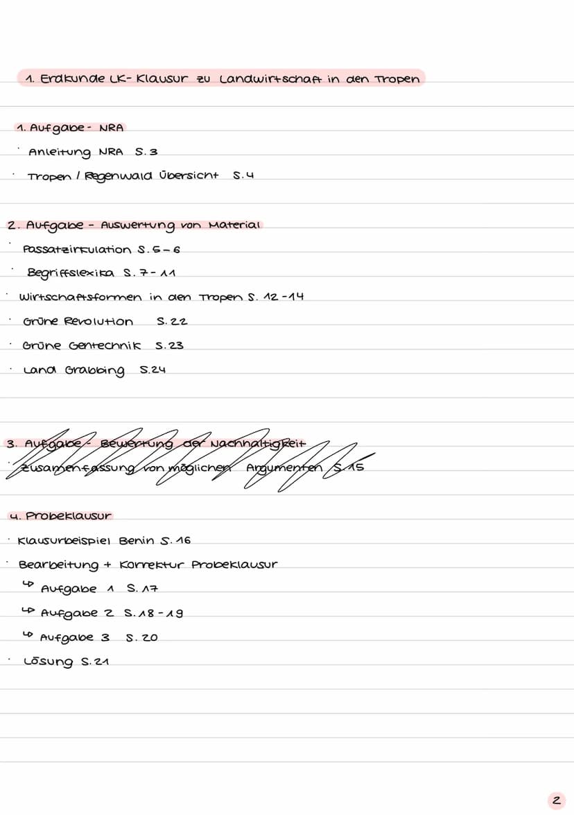  1. Erdkunde LK-Klausur zu Landwirtschaft in den Tropen.
1. Aufgabe - NRA
Anleitung NRA S. 3
Tropen / Regenwald Übersicht S.4
2. Aufgabe - A