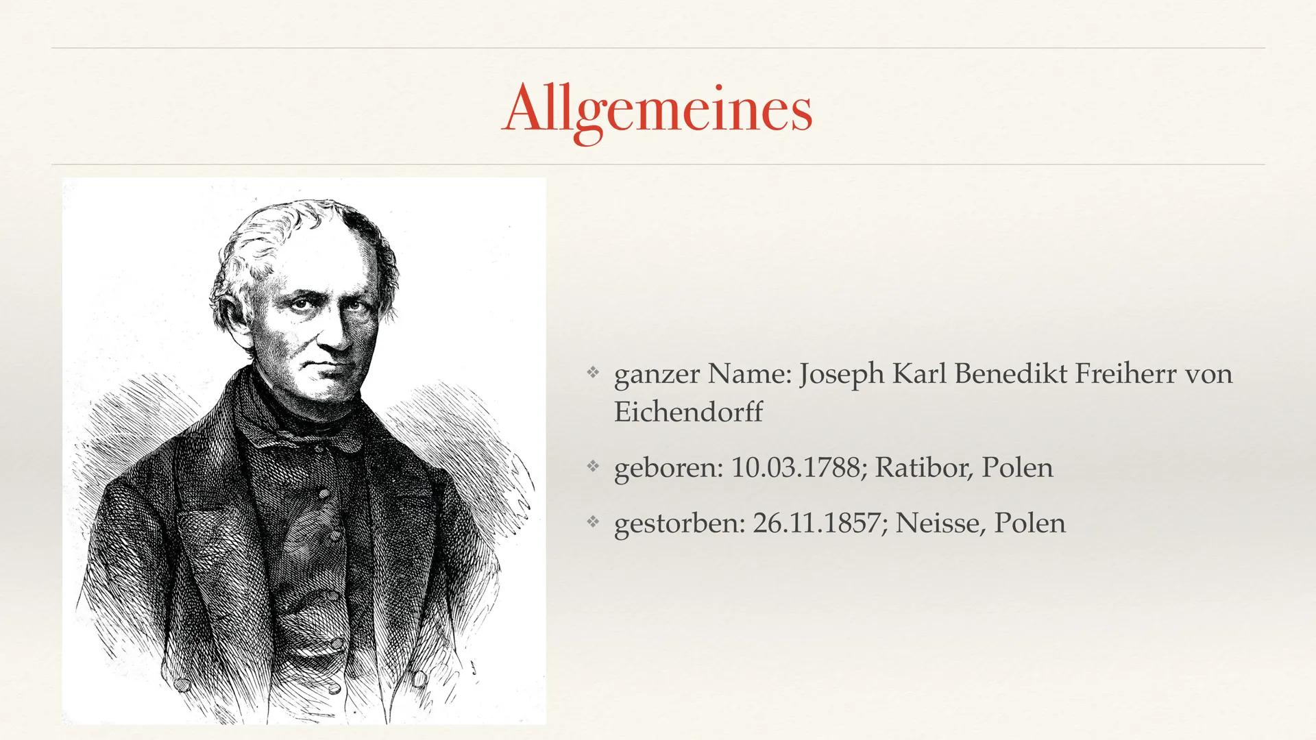Joseph von Eichendorff
for this in fighting Eichendorff
→ sehr bedeutender Schriftsteller
→ bekannt für seine Gedichte
* Merkmale: Volkslied