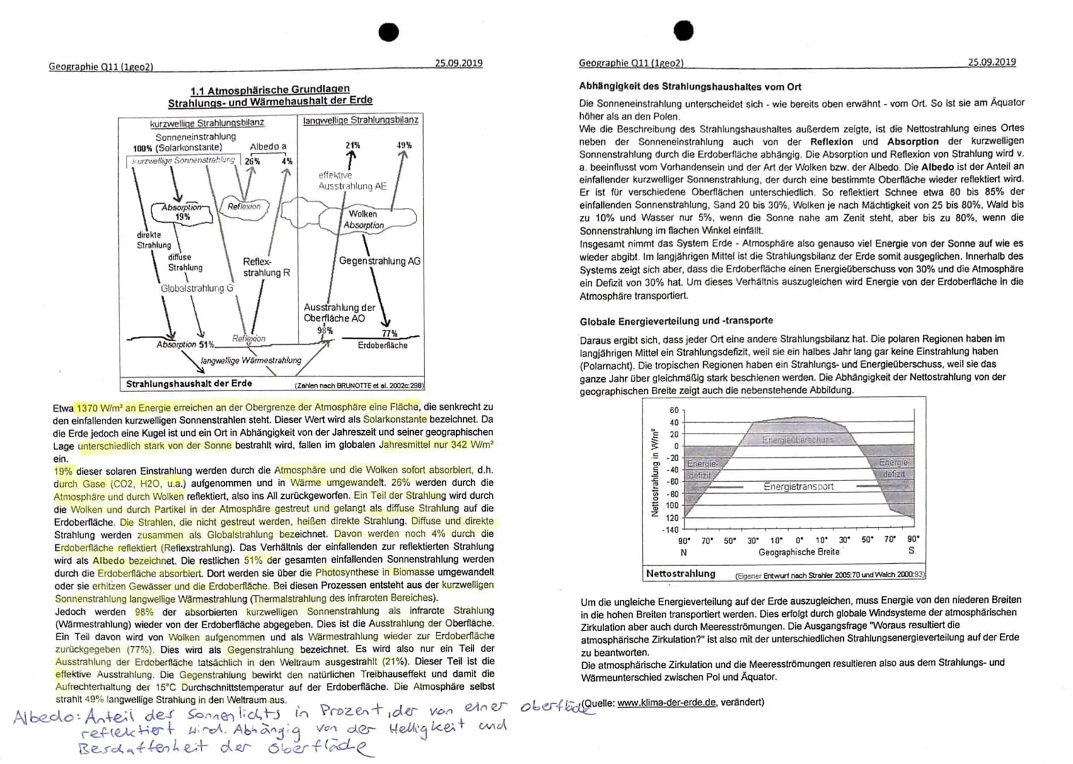 Geographie Q11 (1geo2)
1.1 Atmosphärische Grundlagen
Strahlungs- und Wärmehaushalt der Erde
kurzwellige Strahlungsbilanz
Sonneneinstrahlung
