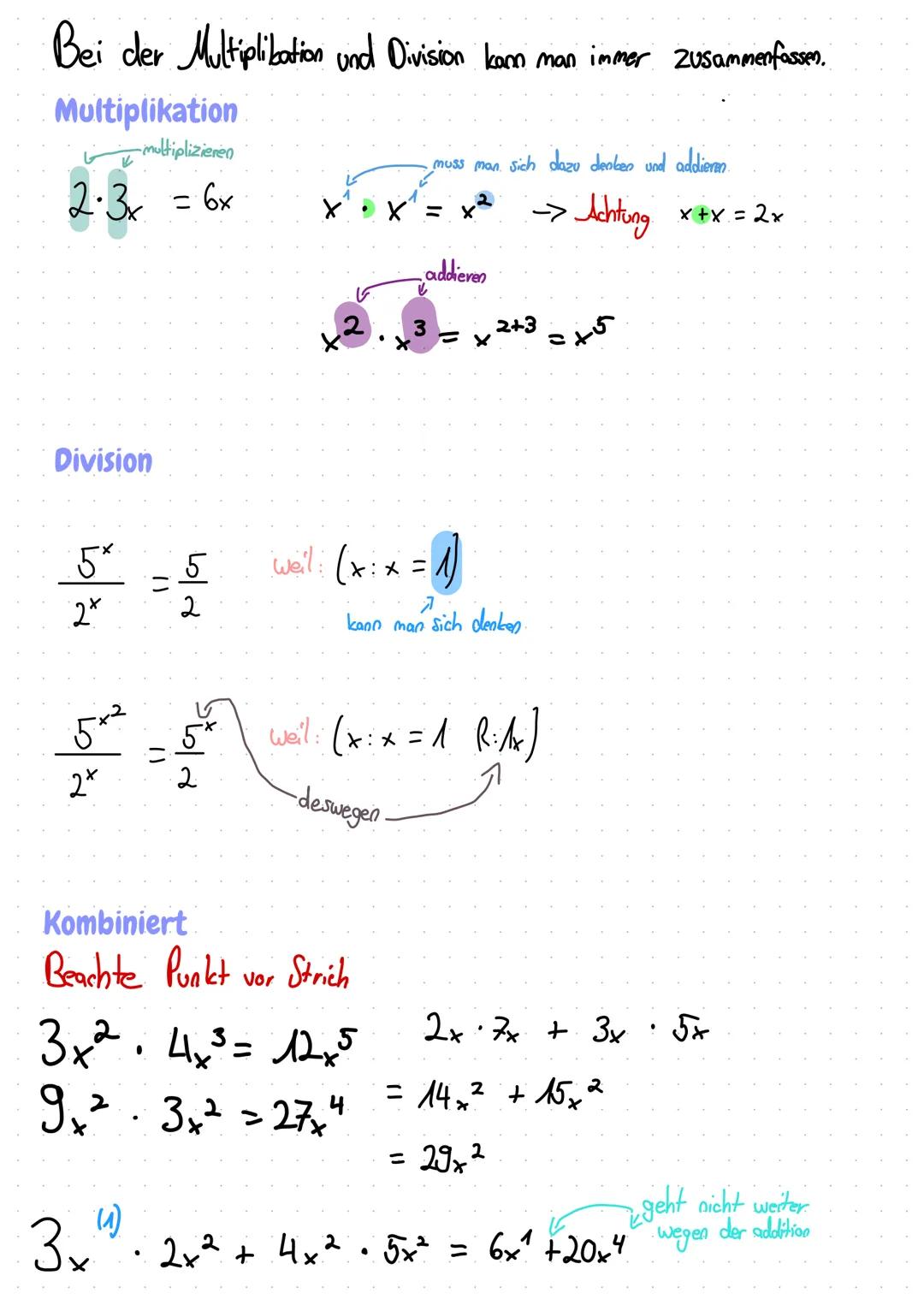 TERME ZUSAMMENFASSEN
X = eine Zahl
denkt man sich
t
2x = 2²x
Addition
Bei Addition und Subtraction immer darauf achten ob man es zusammenfas