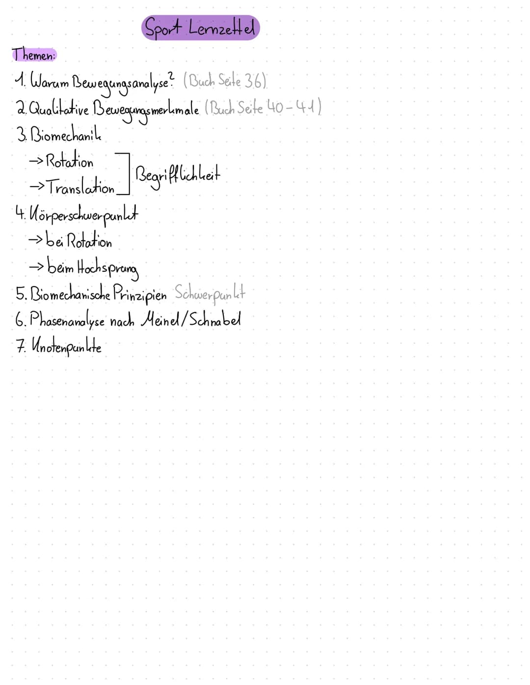 Sport
Lernzettel
# Sport Lernzettel
Themen:
1. Warum Bewegungsanalyse? (Buch Seite 3.6)
2. Qualitative Bewegungsmerkmale (Buch Seite 40- 4.4