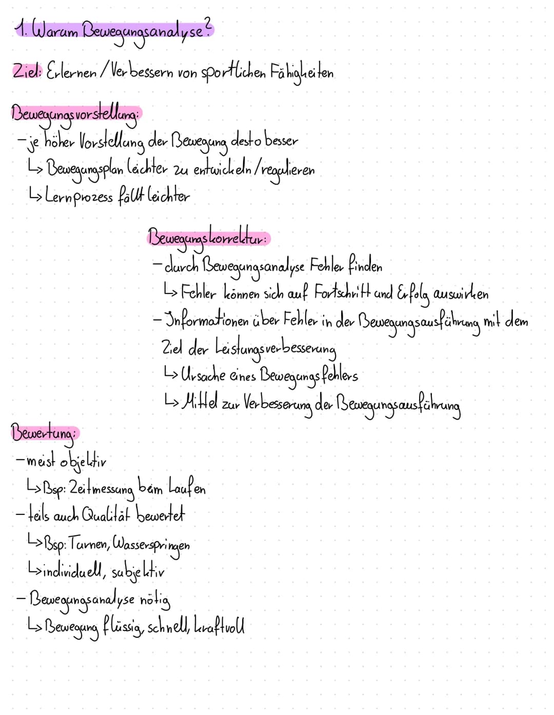 Sport
Lernzettel
# Sport Lernzettel
Themen:
1. Warum Bewegungsanalyse? (Buch Seite 3.6)
2. Qualitative Bewegungsmerkmale (Buch Seite 40- 4.4