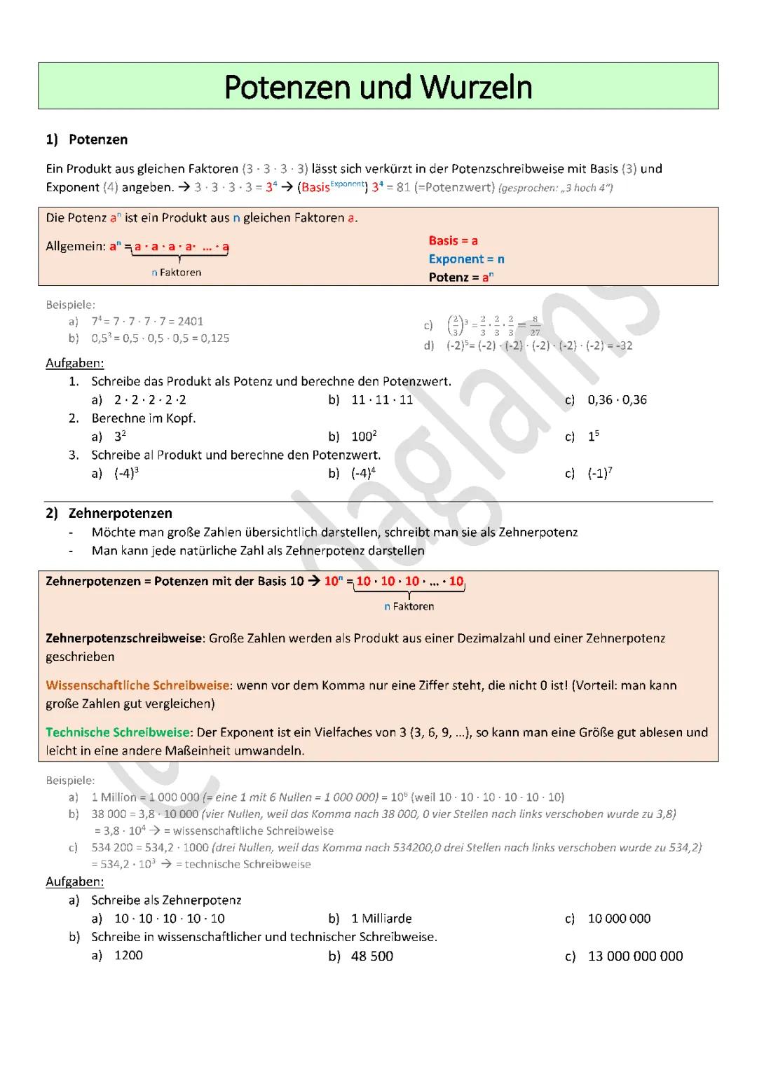 Potenzen und Wurzeln Übungen PDF für Klasse 8, 9 und 10