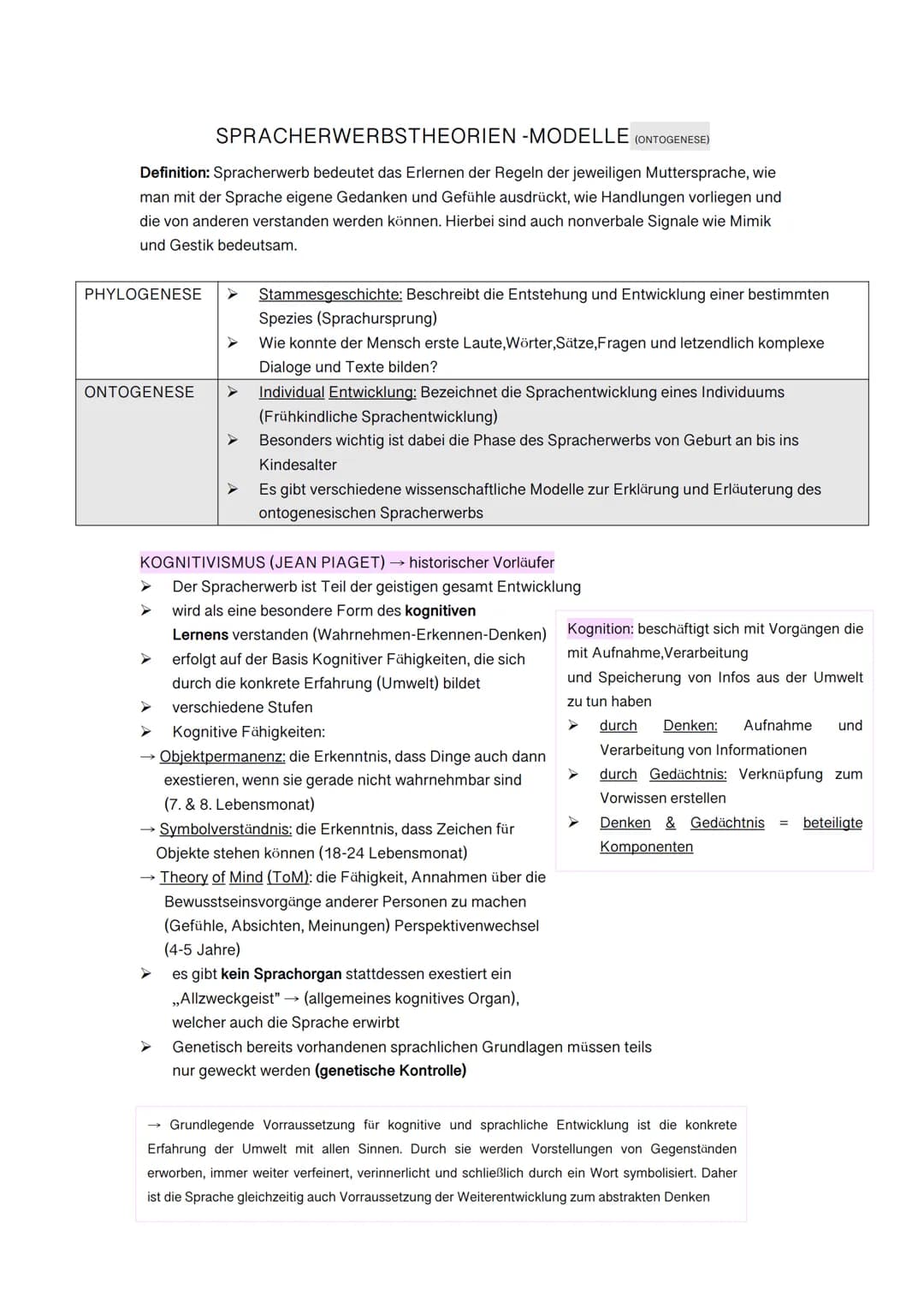 SPRACHERWERBSTHEORIEN
-MODELLE (ONTOGENESE)
Definition: Spracherwerb bedeutet das Erlernen der Regeln der jeweiligen Muttersprache, wie
man 