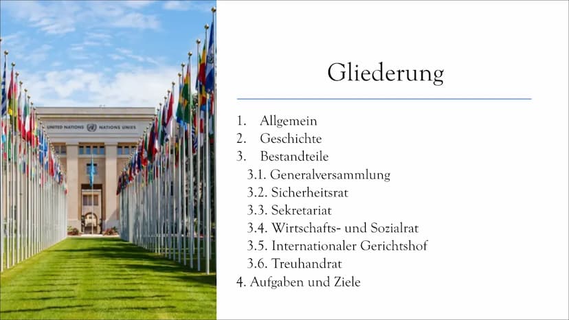 UNO
Vereinte Nationen UNITED NATIONS
NATIONS UNIES
Gliederung
1. Allgemein
2. Geschichte
3. Bestandteile
3.1. Generalversammlung
3.2. Sicher