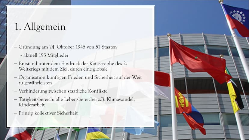 UNO
Vereinte Nationen UNITED NATIONS
NATIONS UNIES
Gliederung
1. Allgemein
2. Geschichte
3. Bestandteile
3.1. Generalversammlung
3.2. Sicher