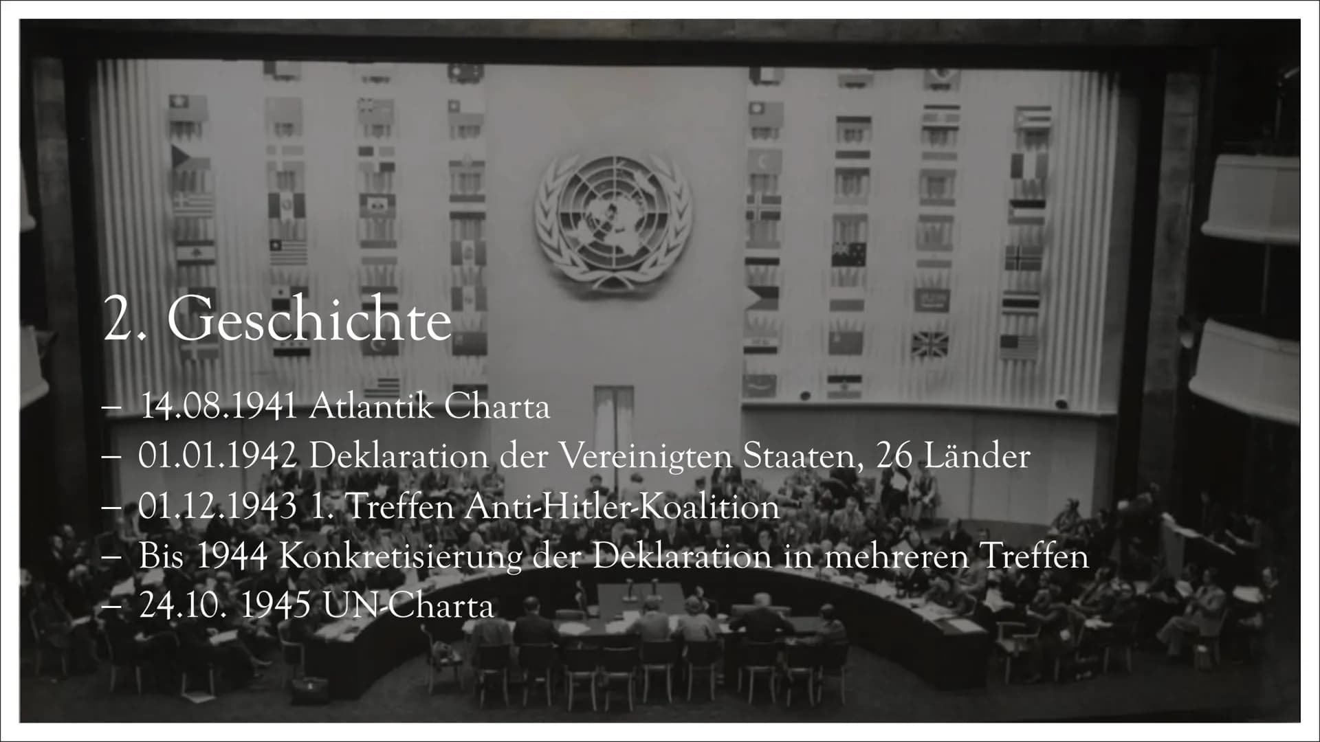 UNO
Vereinte Nationen UNITED NATIONS
NATIONS UNIES
Gliederung
1. Allgemein
2. Geschichte
3. Bestandteile
3.1. Generalversammlung
3.2. Sicher