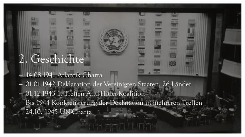 UNO
Vereinte Nationen UNITED NATIONS
NATIONS UNIES
Gliederung
1. Allgemein
2. Geschichte
3. Bestandteile
3.1. Generalversammlung
3.2. Sicher