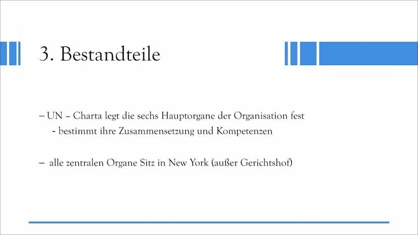 UNO
Vereinte Nationen UNITED NATIONS
NATIONS UNIES
Gliederung
1. Allgemein
2. Geschichte
3. Bestandteile
3.1. Generalversammlung
3.2. Sicher