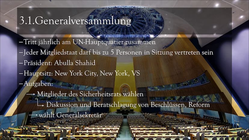 UNO
Vereinte Nationen UNITED NATIONS
NATIONS UNIES
Gliederung
1. Allgemein
2. Geschichte
3. Bestandteile
3.1. Generalversammlung
3.2. Sicher