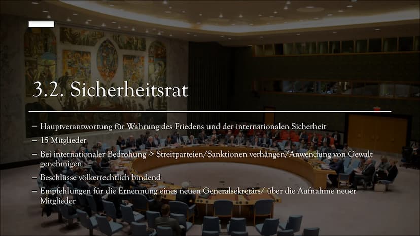 UNO
Vereinte Nationen UNITED NATIONS
NATIONS UNIES
Gliederung
1. Allgemein
2. Geschichte
3. Bestandteile
3.1. Generalversammlung
3.2. Sicher