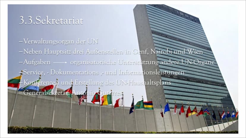 UNO
Vereinte Nationen UNITED NATIONS
NATIONS UNIES
Gliederung
1. Allgemein
2. Geschichte
3. Bestandteile
3.1. Generalversammlung
3.2. Sicher