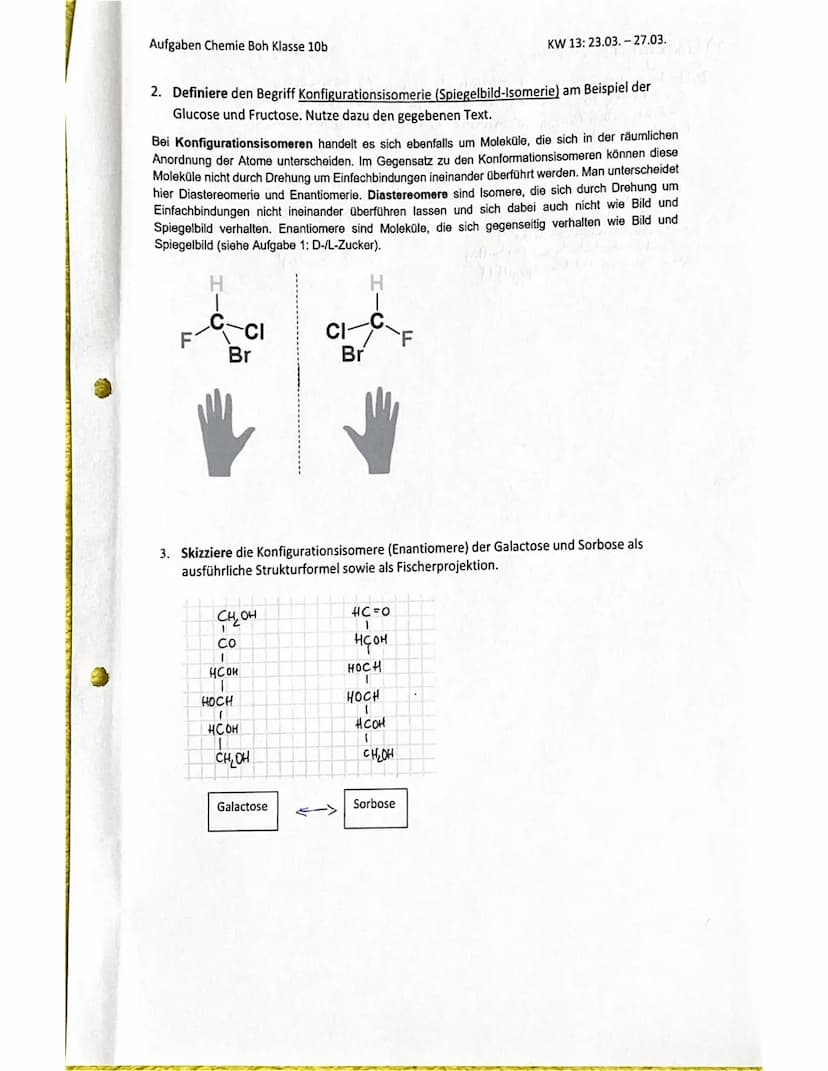 2. Woche
Aufgaben Chemie Boh Klasse 10b
1. Von der Strukturformel zur Fischerprojektion.
Ich habe versucht, die Schritte von der Strukturfor