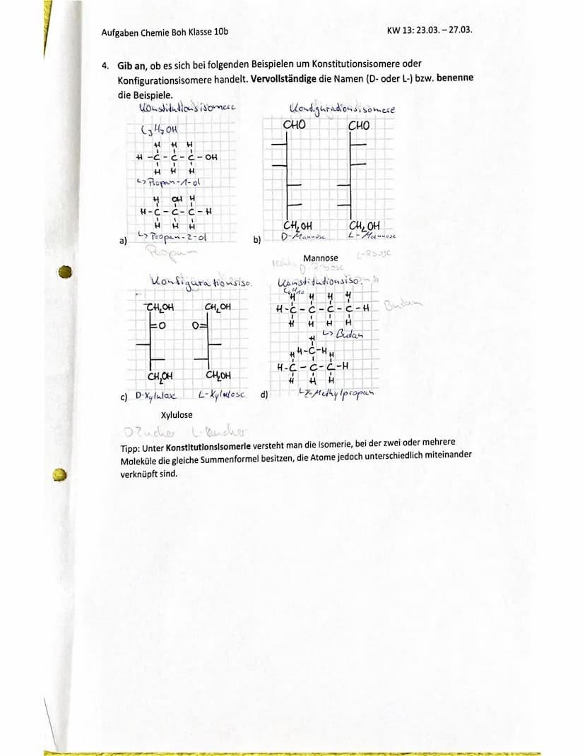 2. Woche
Aufgaben Chemie Boh Klasse 10b
1. Von der Strukturformel zur Fischerprojektion.
Ich habe versucht, die Schritte von der Strukturfor
