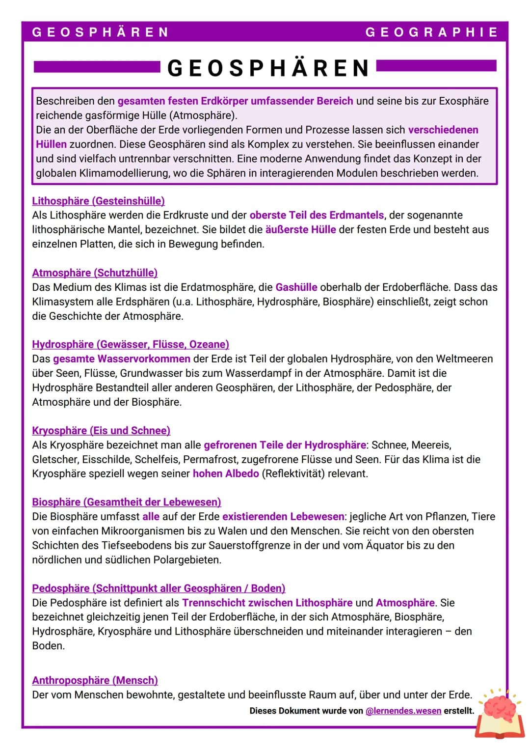 
<p>Die Geosphären beschreiben den gesamten festen Erdkörper umfassender Bereich und die bis zur Exosphäre reichende gasförmige Hülle, die a