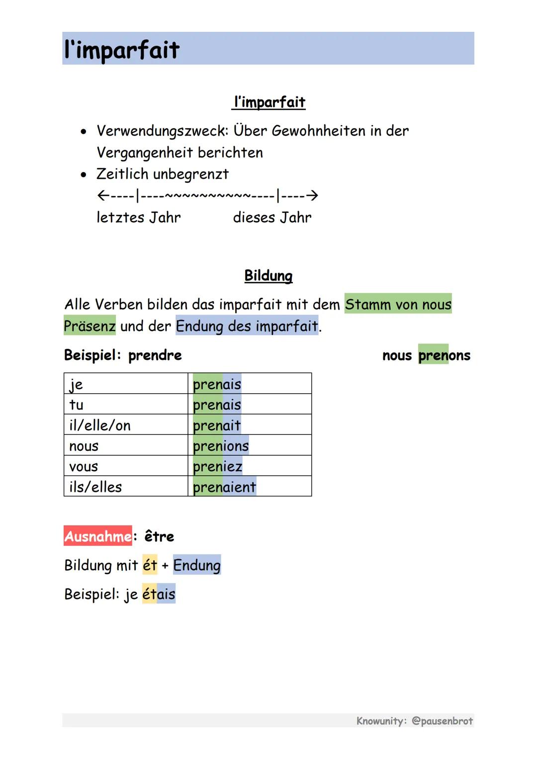 # l'imparfait

l'imparfait

• Verwendungszweck: Über Gewohnheiten in der
Vergangenheit berichten
• Zeitlich unbegrenzt
←--------~~~~~~~~~~--