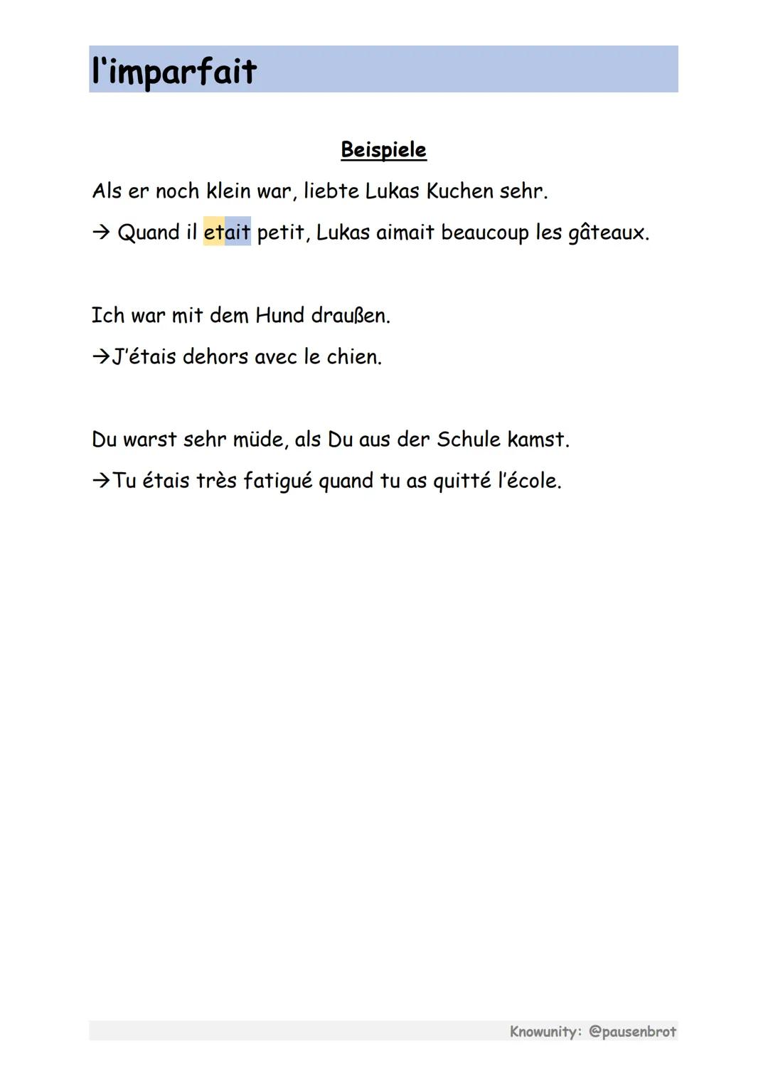 # l'imparfait

l'imparfait

• Verwendungszweck: Über Gewohnheiten in der
Vergangenheit berichten
• Zeitlich unbegrenzt
←--------~~~~~~~~~~--