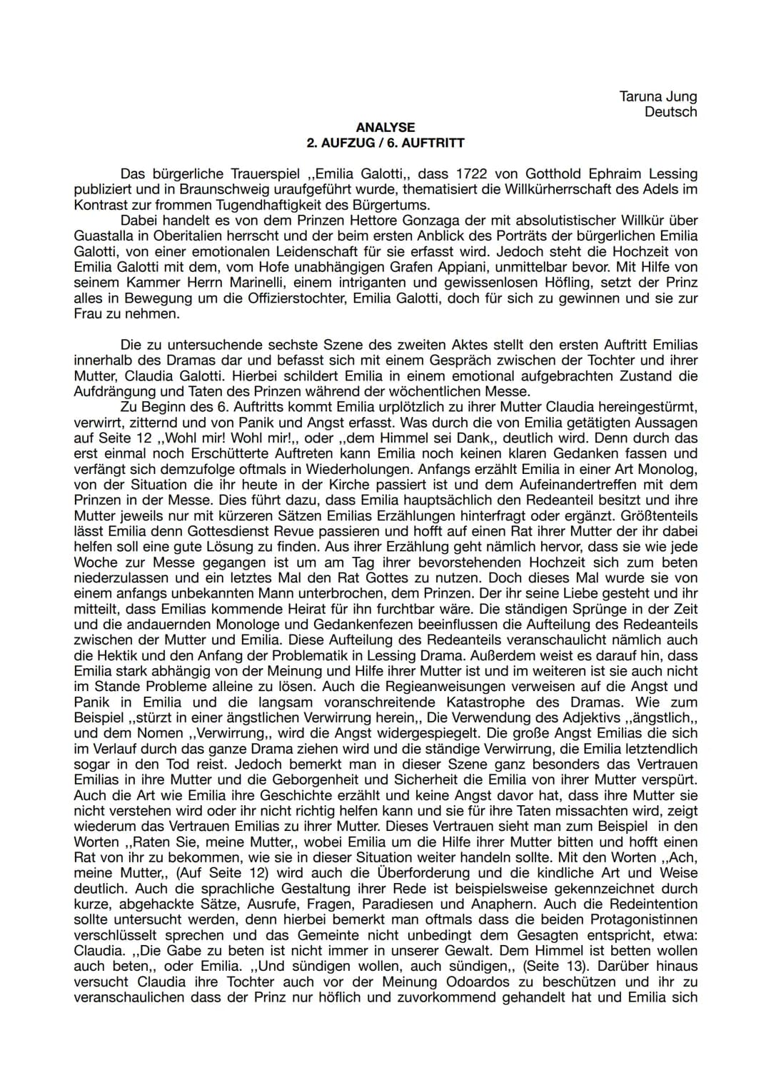 ANALYSE
2. AUFZUG / 6. AUFTRITT
Taruna Jung
Deutsch
Das bürgerliche Trauerspiel ,,Emilia Galotti,, dass 1722 von Gotthold Ephraim Lessing
pu