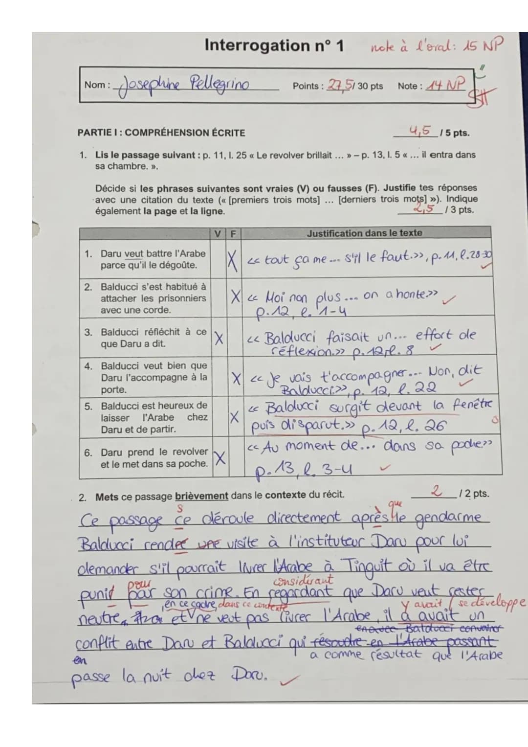 Interrogation nº 1
Nom :
: Josephine Pellegrino
1. Daru veut battre l'Arabe
parce qu'il le dégoûte.
2. Balducci s'est habitué à
attacher les