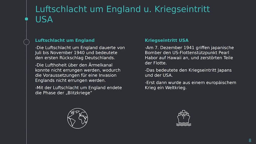 Der Zweite
Weltkrieg
P • Gliederung
O
Vorbereitung
-Vierjahresplan
Verlauf
-Überfall auf Polen
-Westfeldzug
-Luftschlacht um England
-Kriegs