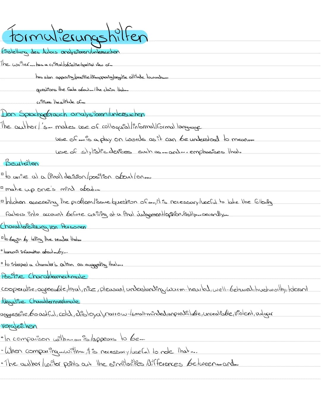 Formulierungshilfen
Einstellung des Autors analysieren/untersuchen
The writer... has a critical lobiective /spectical view of
has alan appro