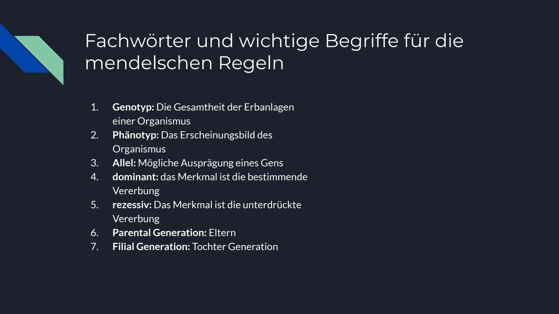 Mendelsche Regeln Inhalt
Allgemeine Informationen
Gregor Mendel
Entwicklung
Anwendung
Genetische Hintergründe
1. Mendelsche Regel
2. Mendels